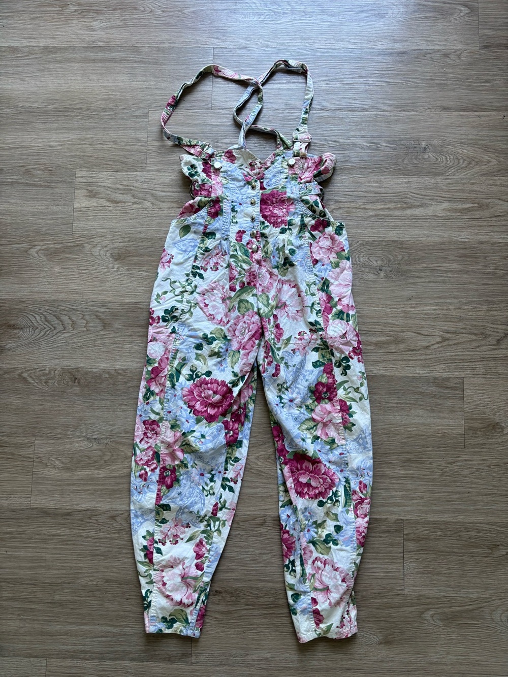 Karen Alexander Vintage Floral pantsuit overall bibs 80’s small pockets